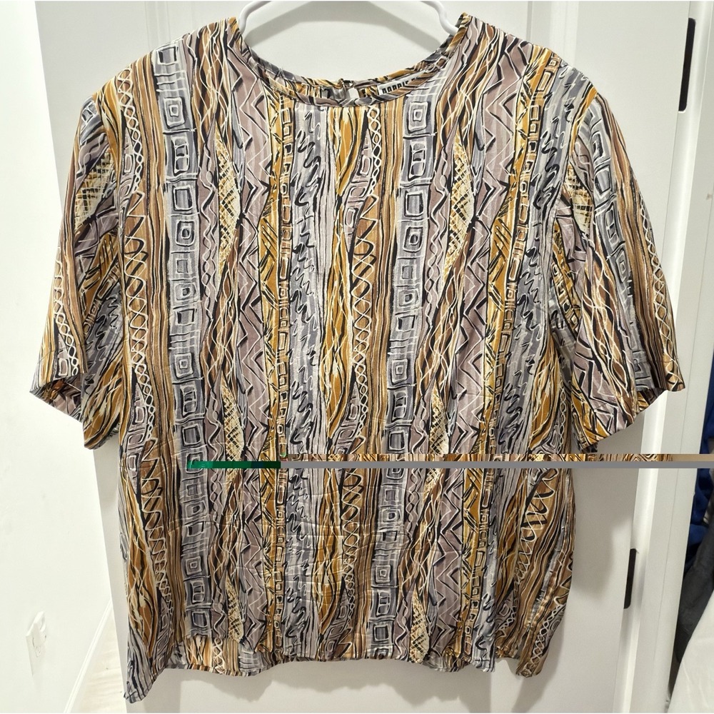 Robbie‎ Bee Silk Multicolor Geometric Short Sleeve Round Neck Blouse Womens L